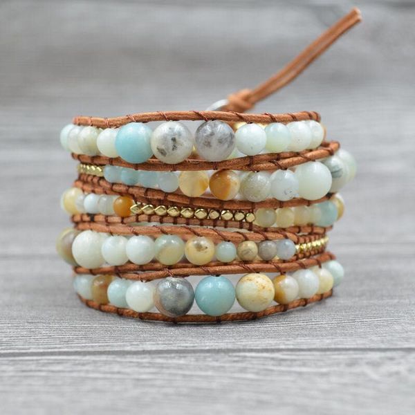 

new hign-end 2018 - 5x leather wrap amazonite gold bracelet bracelet multi layered for girl's and woman's gift, Golden;silver
