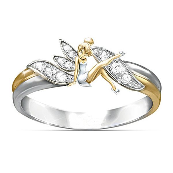 

fantasy flower fairy elf cubic zirconia plating two-toned wedding ring jewelry gift 223, Golden;silver