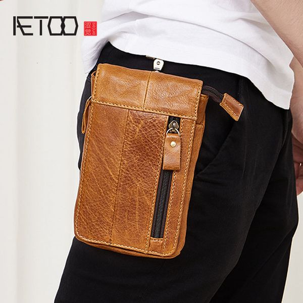 

aetoo leather men bag retro fashion men wear leather belt small pocket mobile phone small package