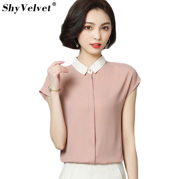 

elegant women chiffon shirt solid summer new short sleeve ladies office blouses fashion blusas patchwork peter pan collar, White