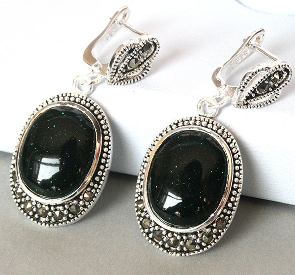 

fashion 925 silver natural green sand stone marcasite earrings 11/2, Golden;silver