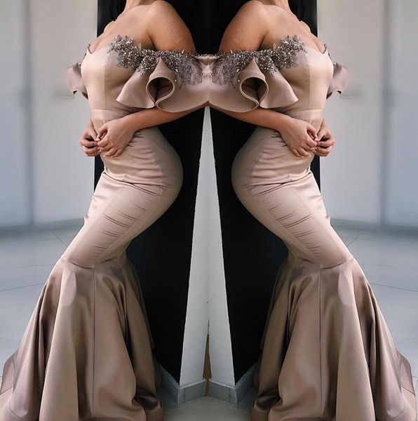 

2019 elegant off the shoulder satin mermaid prom dresses ruffles lace applique beaded floor length formal evening dresses bc0387, Black