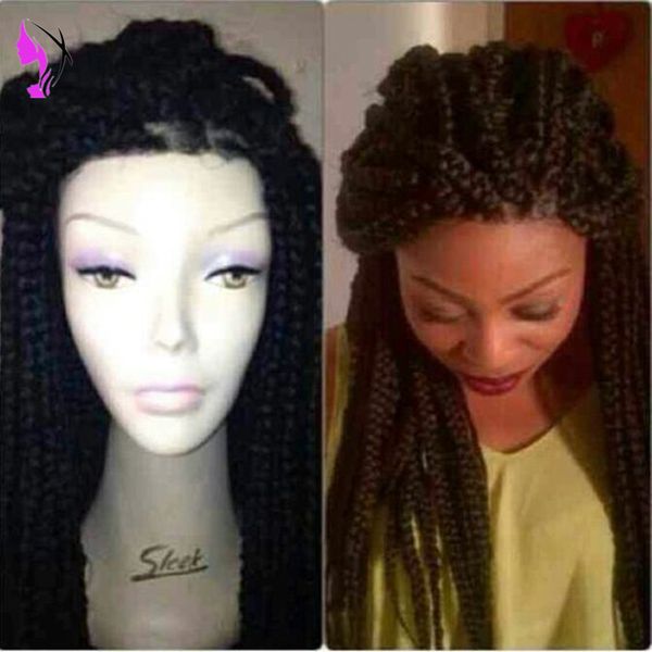 Длинные прямые косички, кружевной передний черный, полностью заплетенный вручную парик из африканских синтетических кос с детскими волосами для чернокожих женщин