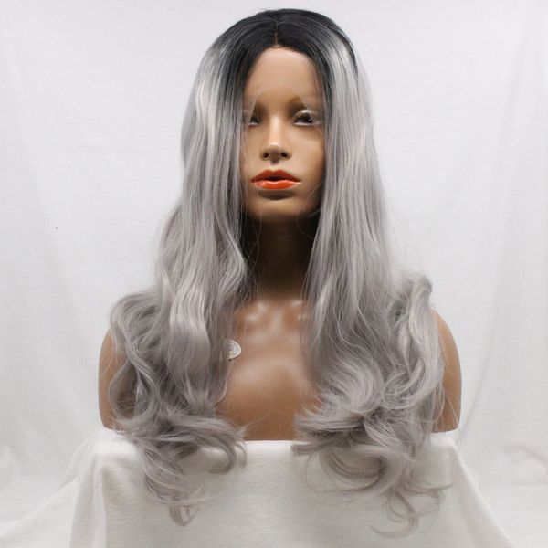Synthetic Wigs With Baby Hair Silver Grey Hair Long Wavy Hairstyle