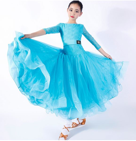 2019 New Children Girls Ballroom Dance Dress Kids Modern Waltz Standard Competition Lace Stitching Long Sleeve Dance Dress Blue Black Red From