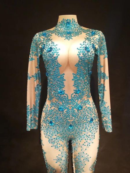 

women new big diamonds jumpsuit full of blue sparkling rhinestone bodysuit nightclub party dancer singer bling stage wear, Black;white