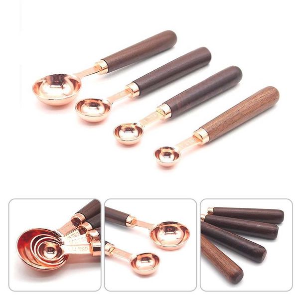 

4 pcs/set stainless steel measuring spoon with wooden handle seasoning spoon with scale measuring kitchen baking cooking tool 10pcs tc180906