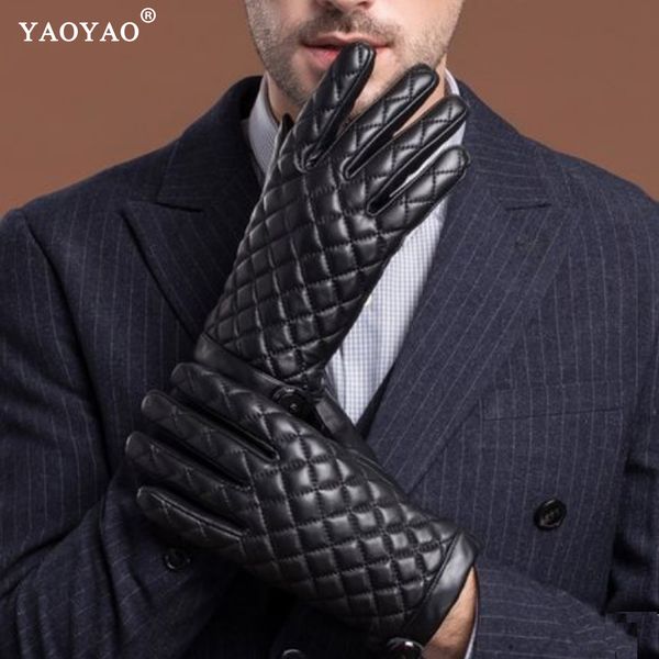 

yy5223 winter fashion men' genuine leather thick velvet warm gloves male fleece korean style plaid botton luvas gift for man, Blue;gray