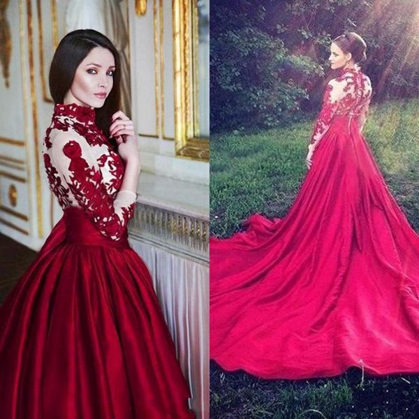 

luxury elegant a-line chapel train satin evening dresses with lace appliques sheer covered button back long sleeves christmas dresses, Black;red