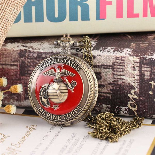 

men's pocket watch red dial bronze retro us marine corps quartz pocket watch men's fob chain sculpture unique fashion, Slivery;golden