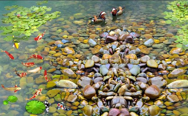 

wallpaper birds flowers goldfish lotus mandarin 3d hd painting p wall mural