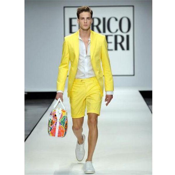 

summer style yellow men suits with short pants 2 piece(jacket+pant+tie) wedding prom casual style slim groom tuxedos blazer 575, White;black