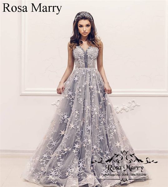 

princess plus size arabic prom dresses 2020 a line v neck gray tulle star embroidery lace african formal graduation evening party gown, Black