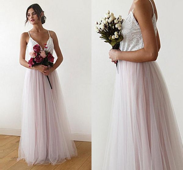 

2018 pink blue v neck boho lace beach bridesmaid dresses spaghetti straps tulle floor length bohemian bridesmaid gowns wedding dresses, Blue;red