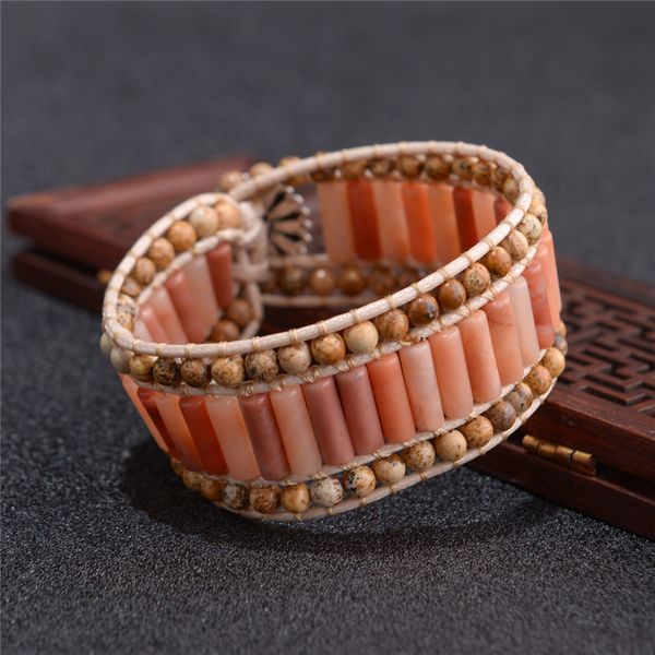

new women handmade bracelets tube shape natural stones leather wrap bracelet beaded cuff bracelet dropshipping, Golden;silver