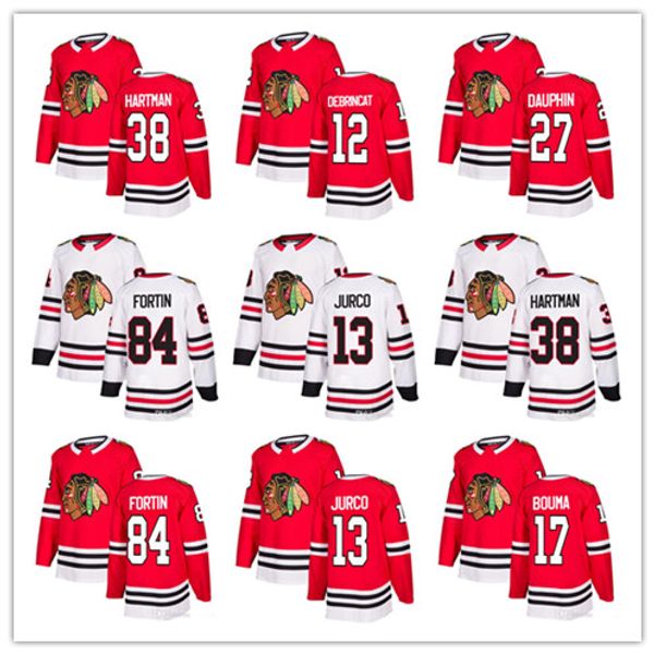

men 2018 chicago blackhawks jerseys hockey 27 laurent dauphin 84 alexandre fortin 17 lance bouma ryan hartman alex debrincat jurco uniforms, Black;red