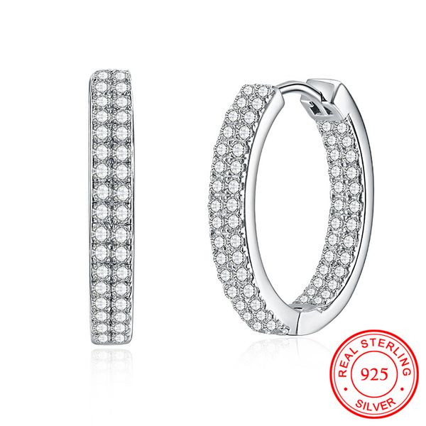 

real 100% 925 sterling silver round shaped hoop earrings with shiny zircon women luxury rhinestone hoop earrings wedding jewelry, Golden;silver