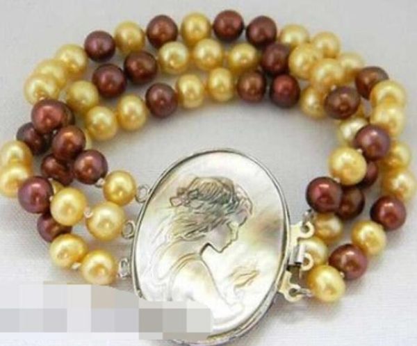 

gt;>>3row golden coffee round freshwater pearl bracelet, Golden;silver