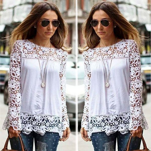 

women sheer sleeve embroidery lace crochet chiffon shirt, White