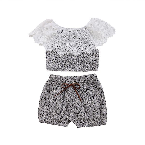 

newborn toddler baby girls clothes lace ruffle round neck sleeveless pullover geometry shorts 2pc kids cotton outfits, White