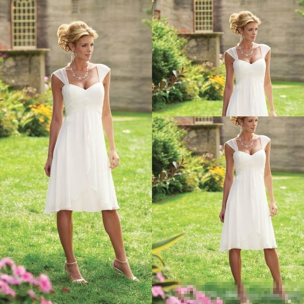

simple chiffon short bridal wedding gowns 2018 vintage retro square cap sleeve tea-length country garden bohemian wedding dress, White