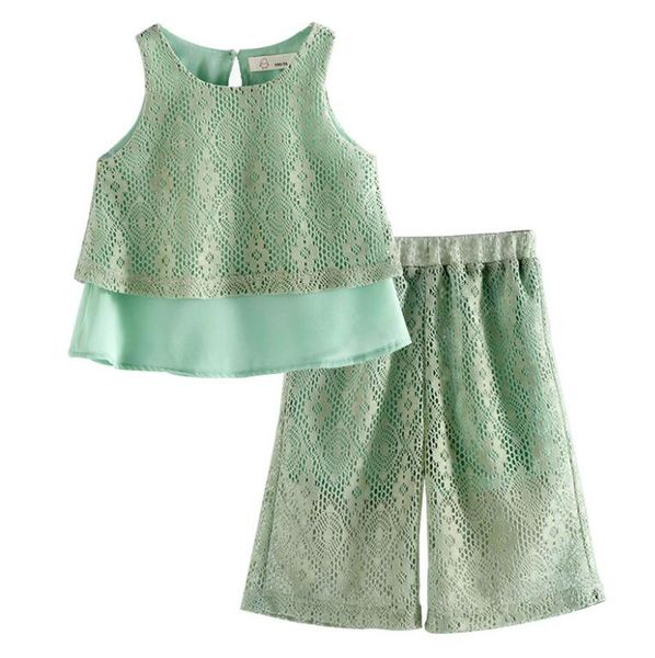 

retail 2018 baby kids light green lace sets: widen leg pants 3-9 t, White