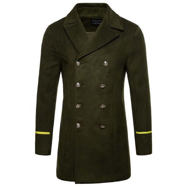 

autumn winter men slim woolen coat england style captain turn-down collar army green jacket thicken windbreaker double breasted, Black