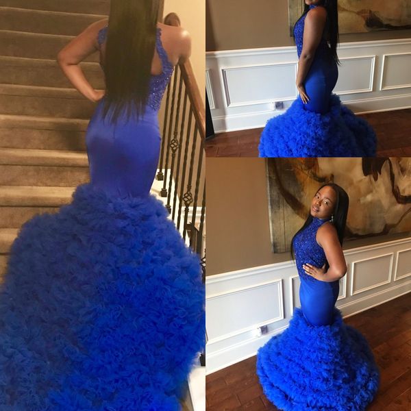 

2018 royal blue beaded mermaid prom dresses jewel neck tiered tulle sequined applique sweep train floor length celebrity evening party gowns, Black;red