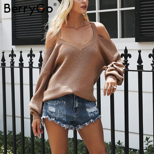 

berrygo strap cold shoulder knitted sweater women lace up long sleeve casual pullover female 2018 autumn winter loose jumper, White;black