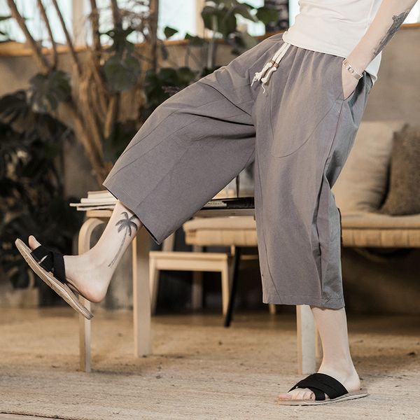 

chinese style linen pants men summer capris solid loose pants male harem trousers, Black
