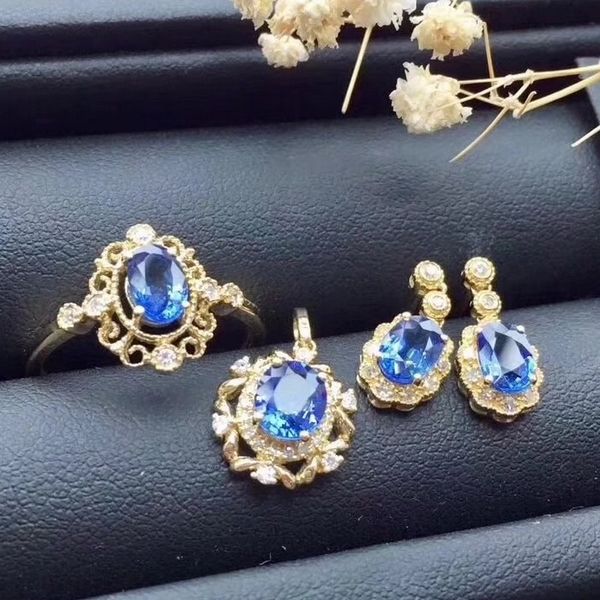 

fidelity natural 4*6mm sapphire s925 sterling silver elegant lace fine jewelry sets for women party natural blue gemstone, Black