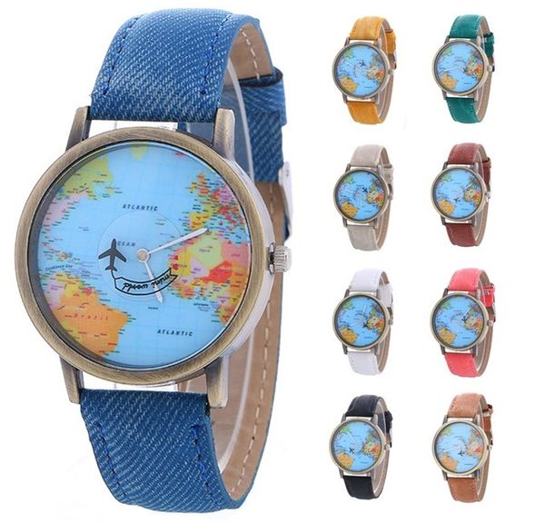 

World Map Watch Globe Graduation Gift for Lover vintage Men Denim Fabric Band Смотреть женские простые часы лучший п