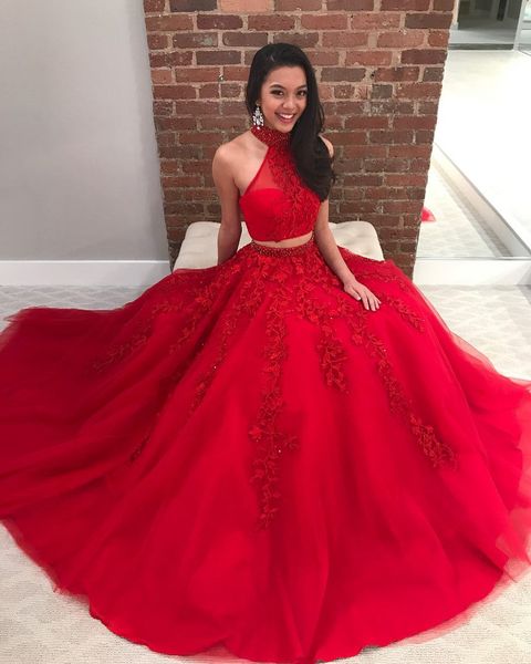 

2018 red two pieces prom dresses beaded collar sleeveless lace appliqued sequins long evening party gowns a line tulle pageant wear, Black