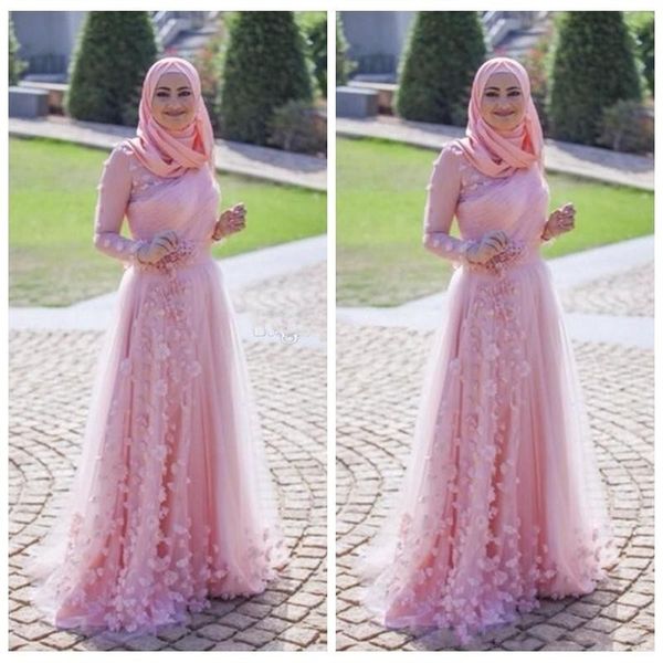 2019 Muçulmano Prom Vestidos Mangas Compridas Alta Pescoço Uma Linha de Comprimento Completo Rosa Tule Rosa com Apliques Florais 3D Floral Abaya Vestidos de Festa Muçulmana