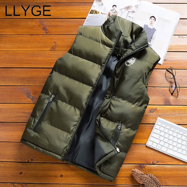 

llyge men's sleeveless cotton padded vest coats 2018 winter warm solid casual thick stand collar parka jackets men outwears 6xl, Black