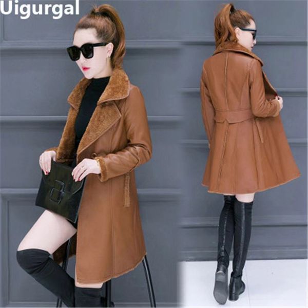 

uigurgal 2018 winter women leather jacket lapel faux fur fleece lined parka warm long coat plus sizes available, Black