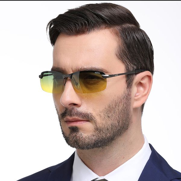 

day night vision polarized goggles sunglasses for men driving glasses anti-glare yellow lens rimless mirror sun glasses oculos, White;black