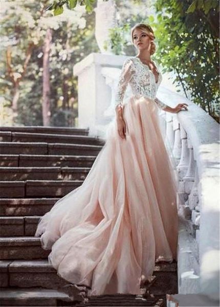 

white and blush v neck backless tulle wedding dress garden style 3/4 long sleeve colorful princess transparent bridal gowns custom made