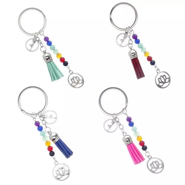 

7 chakra natural stones yoga beads keyrings lotus pendant tassel keychain charm key chains bag jewelry for women christmas gift, Silver