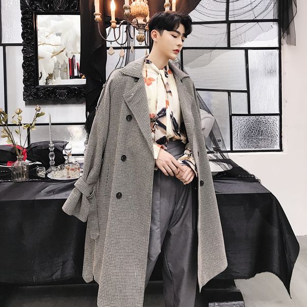 

mixcubic 2018 autumn korean style long section houndstooth woolen trench for men casual loose woolen windbreaker men,-xxl, Tan;black