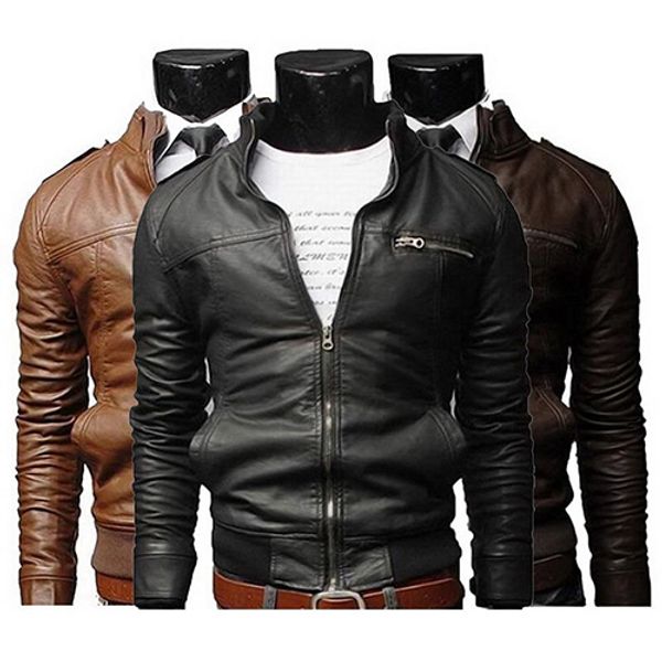 Moda Masculina Cool Stand Collar Fino Motocicleta Faux Leather Coat Outwear Jacket