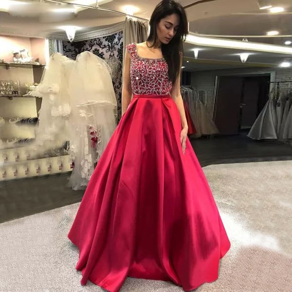 

sparkly red a-line prom dresses square neck backless evening party gown floor length satin beads and sequined special occasion dress, Black