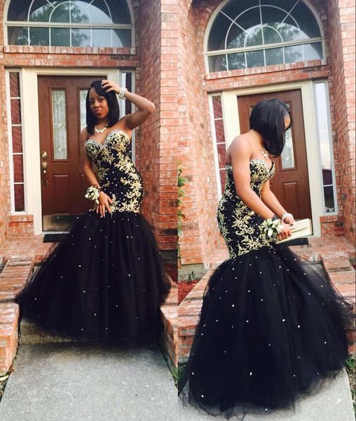 

Sexy Black Prom Dress 2018 Sweetheart Gold Appliques Beaded Formal Evening Party Dresses Mermaid Black Girl Formal Gowns Long Custom Made