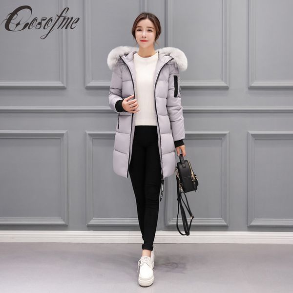 

cosofme 2017 new winter jacket women cotton coat fur collar hood parka female long jackets thick warm outerwear size m-3xl, Black