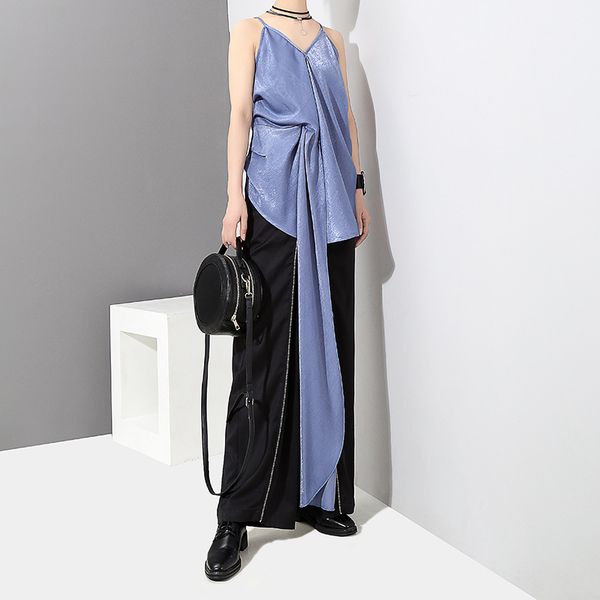 

chens sister] summer 2018 black blue loose deep v-neck sleeveless strap with sashes irregular blue t shirt female, White