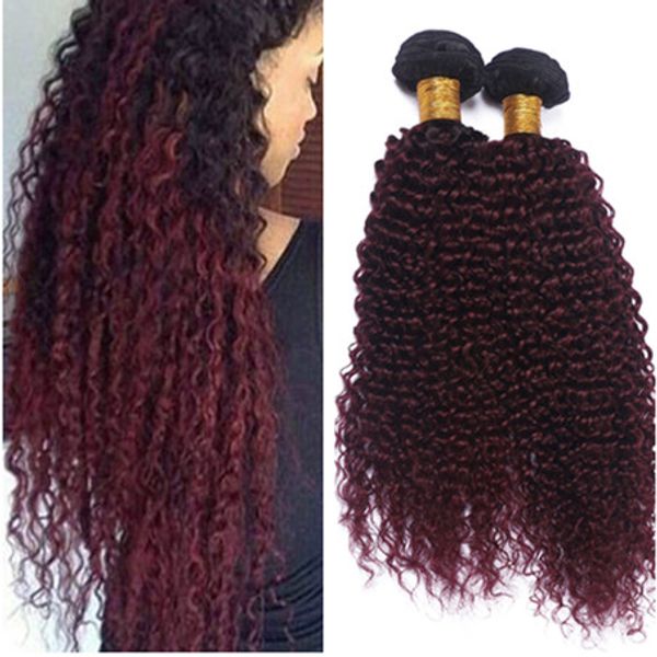 Black And Wine Red Ombre Virgin Hair Weaves Extensions Kinky Curly