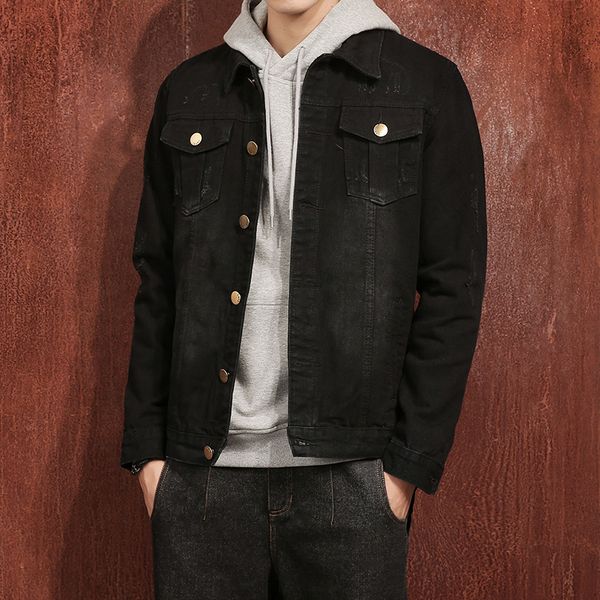 

2018 new arrive black hooded denim jacket mens hat detachable vintage single breasted hoodies cowboy outerwear #911, Black;brown