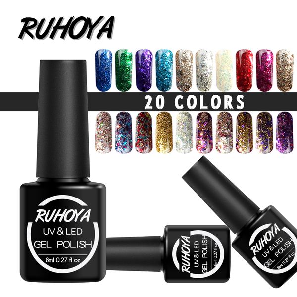 

ruhoya sequins gel nail soak off gel polish new arrival 1pcs 8ml diamond glitter uv nail polish long lasting nails art manicure, Red;pink