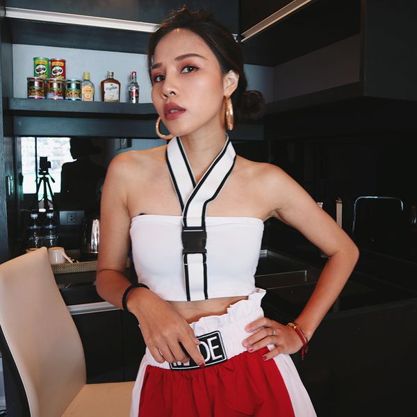 

summer adjustable crop buckle v neck halter tank women bralette crop sleeveless cropped streetwear, White