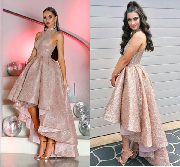 

sparkle sequins high low prom dresses high neck sleeveless ruffles blush saudi arabic evening dresses fashion party dresses zipper up, Black